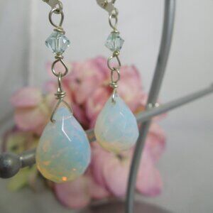 Opalite and Light Blue Crystal Dangle Silver Lever Back Earrings E128